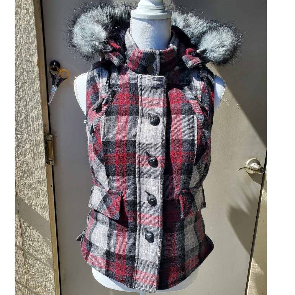Triple Five Soul Womens Medium Wool Plaid Hooded Vest Faux Fur Trim Red Grey Y2K